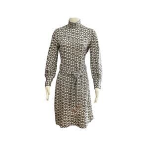 1970s Act III Brown Gray White Striped Geometric Pattern Polyester Knit Dress